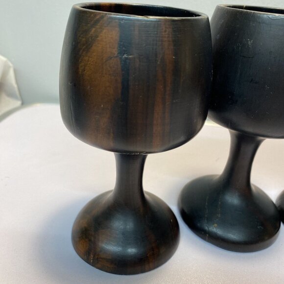 Vintage Set of 4 Dark Wooden Stemmed Wine Goblets Hand turned Mid-Century Modern - Picture 9 of 16